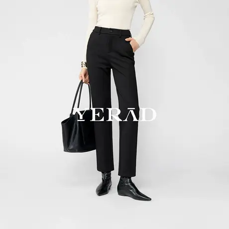 娅丽达弹力直筒裤女2025冬季新款通勤显瘦黑色休闲裤子九分烟管裤图片