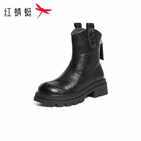 红蜻蜓厚底短靴女2025冬季新款女鞋靴子粗跟英伦风女靴黑色烟筒靴图片