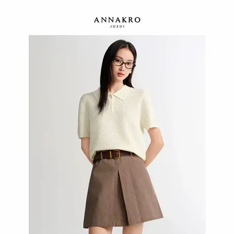 玖姿安娜蔻甜美清新复古风翻领镂空H型短袖毛衫女2026春季新款商品大图