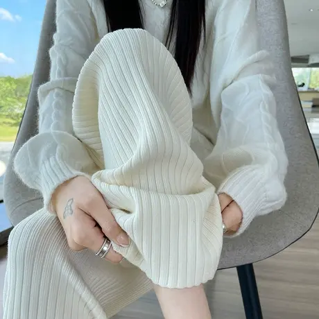 米白色加厚针织窄版阔腿裤女秋冬新款小个子高腰垂感直筒休闲裤子商品大图
