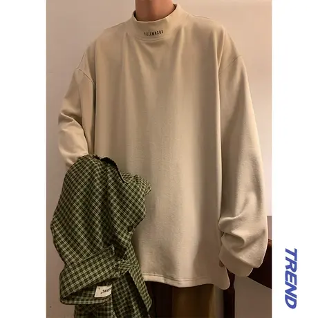 字母德绒打底衫男秋冬季半高领重磅长袖内搭针织衫衣服港风复古潮图片