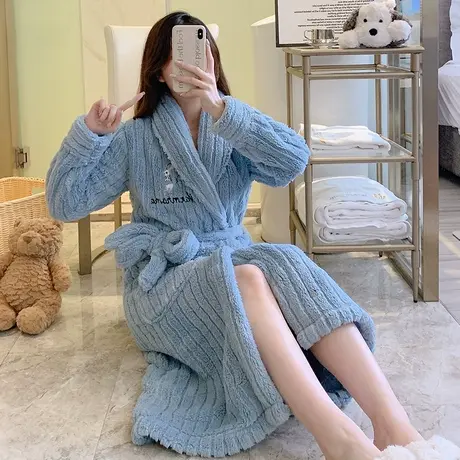 珊瑚绒睡袍女长款2023新款冬天加绒加厚冬季女士睡衣秋冬款法兰绒图片