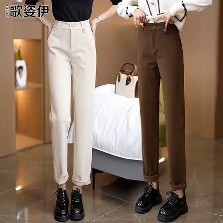 咖色毛呢哈伦裤女2023秋冬新款时尚休闲烟管裤高级感西装直筒裤子图片