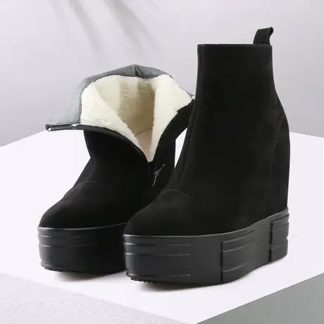 黑色13cm内增高单靴2023秋冬新款厚底炸街小短靴真皮高跟瘦瘦靴子图片