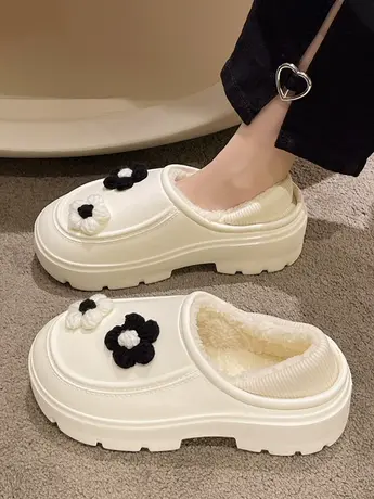 踩屎感厚底防滑棉拖鞋女冬季包跟可爱花朵加绒保暖可外穿防水棉鞋商品大图
