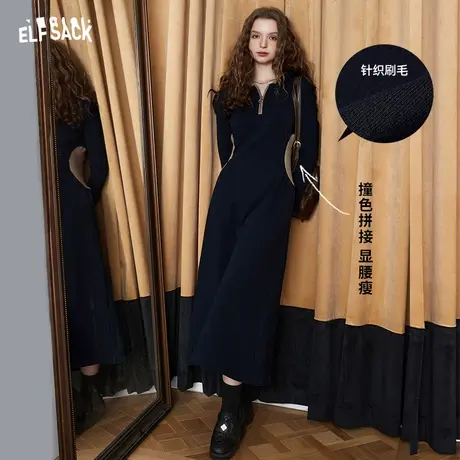 妖精的口袋黑色长袖连衣裙女2023冬季新款撞色设计感显瘦休闲长裙图片