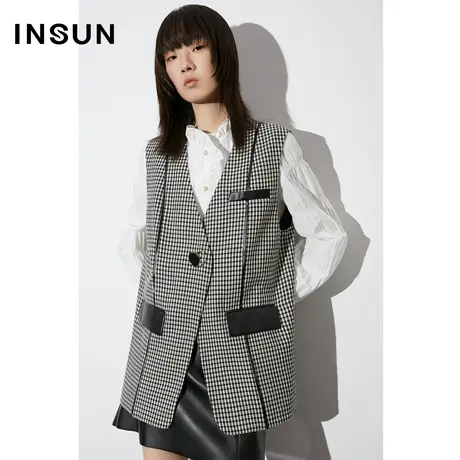 【官方直播】恩裳COVER摩登千鸟格色织面料黑白撞色直身拼接马甲商品大图