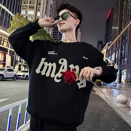 加绒卫衣男秋冬款街头高街潮牌字母长袖t恤宽松休闲内搭加厚上衣商品大图