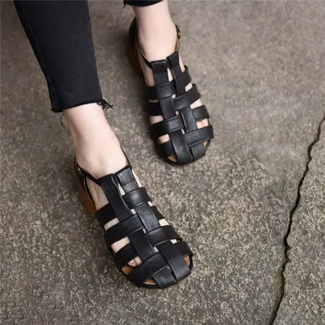 Artmu阿木原创编织包头凉鞋女镂空鱼骨粗中跟罗马鞋2023夏季新款商品大图