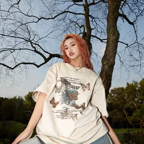 YEP蝴蝶短袖t恤女2023新款夏季美式潮牌宽松大版oversize情侣上衣商品大图