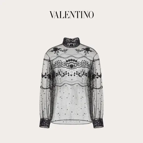 【季末优惠】华伦天奴VALENTINO男士 EMBROIDERED TULLE 高领上衣商品大图