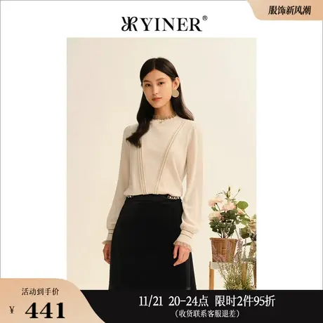 【美丽诺羊毛】YINER音儿线上专选女装秋木耳边半高领毛织衫套头图片