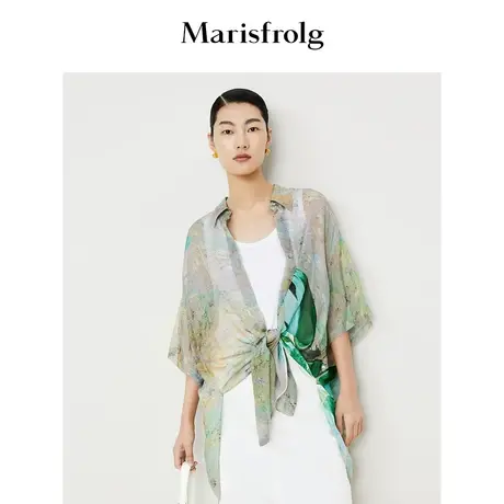 【艺术家联名】玛丝菲尔2023年夏季新款桑蚕丝蝴蝶印花雪纺衬衫女商品大图