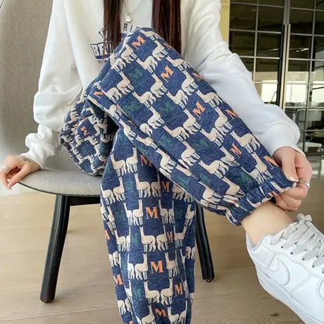 毛呢休闲直筒裤女冬季高腰束脚防风加厚羊绒宽松直筒哈伦运动卫裤商品大图