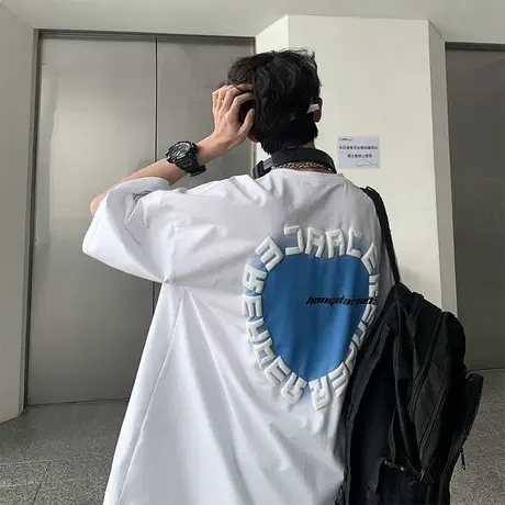 爱心发泡短袖T恤男夏季ins港风潮牌宽松半袖体恤重磅休闲情侣上衣图片