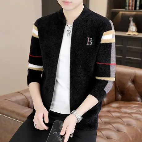 港士博立领纯色开衫外套男秋季韩版休闲针织衫上衣简约毛衣修身潮商品大图