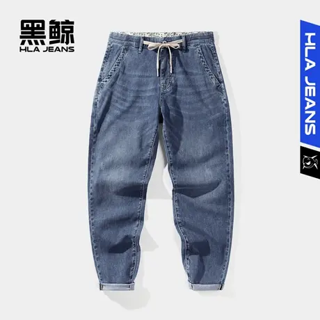 黑鲸HLAJEANS海澜之家旗下潮牌腰间抽绳牛仔九分裤宽松窄脚牛仔裤图片