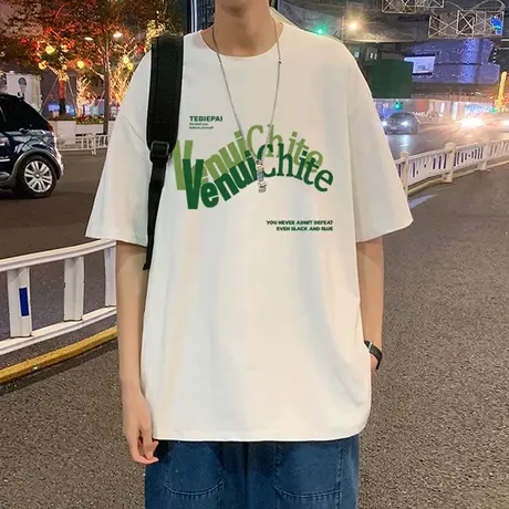 夏季纯棉短袖港风t恤男宽松潮流衣服百搭休闲字母印花上衣ins潮牌商品大图