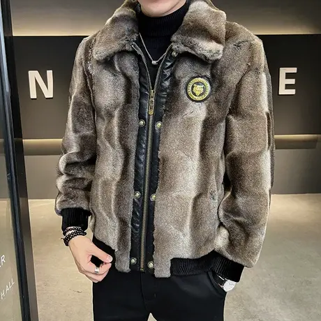 冬季海宁皮草金貂绒皮毛一体连帽外套男加厚保暖休闲夹克男烫砖潮商品大图