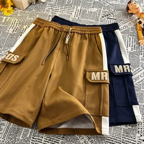 夏季薄款工装短裤男潮牌宽松阔腿休闲美式复古发泡印花运动五分裤商品大图