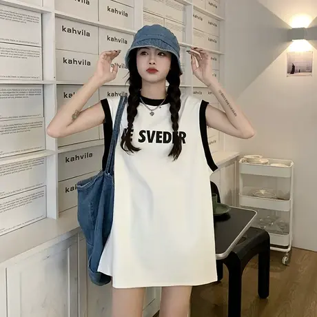 夏季新款大码无袖t恤女设计感小众胖mm遮肚宽松小背心上衣潮200斤商品大图