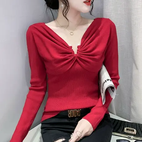 设计感褶皱针织衫女春秋气质性感V领毛衣内搭修身显瘦百搭打底衫图片