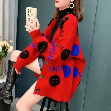 慵懒风复古笑脸针织开衫女外穿2022新款早春加厚宽松毛衣外套上衣商品大图