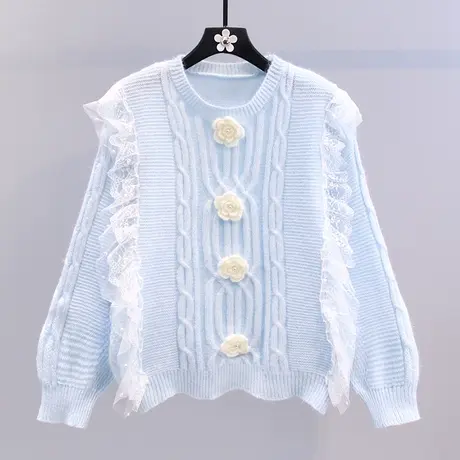 蕾丝花边立体花朵毛衣女秋冬2023年新款宽松设计感小众洋气针织衫图片