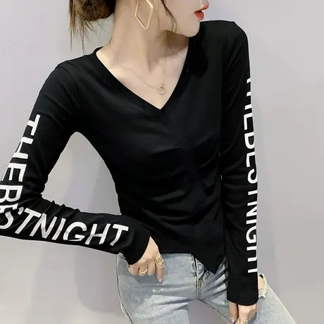 女装2024新款潮时尚不规则T恤女长袖秋设计感上衣修身内搭打底衫商品大图