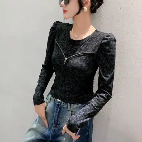 性感短款T恤女长袖秋季欧货辣妹高腰上衣设计感拉链内搭打底衫潮商品大图