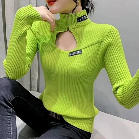 欧货半高领毛衣女士套头长袖性感心机镂空针织打底衫紧身百搭上衣商品大图