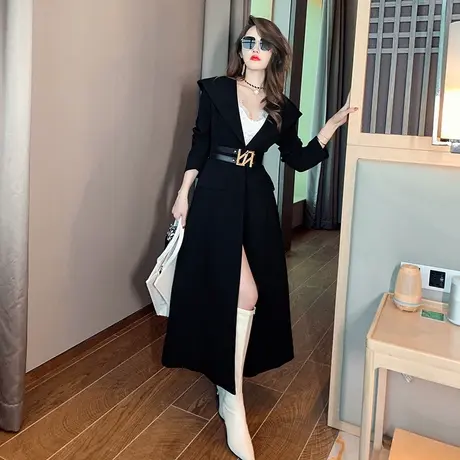 中长款风衣女2023年新款流行黑色连帽收腰外套高级感修身大衣冬季图片