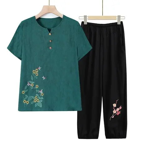 妈妈洋气夏装中老年女装时尚奶奶棉绸套装加大码薄款老人太太衣服图片