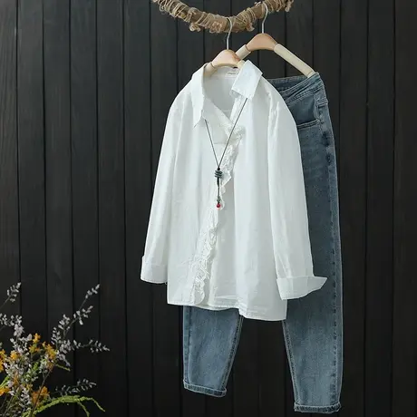 白色衬衫女长袖春季新款设计感小众不规则衬衣翻领斜襟打底衫上衣图片