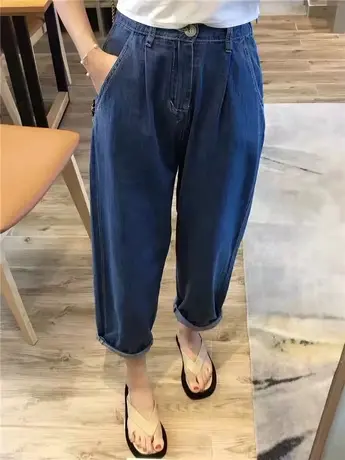 哈伦牛仔裤女春秋2023年新款夏季高腰宽松直筒薄萝卜香蕉老爹裤子商品大图