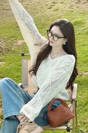 2023春季韩系慵懒软糯菱形镂空圆领针织衫长袖时髦宽松显瘦毛衣女商品大图