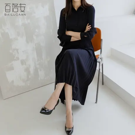 百洛安气质翻领连衣裙女2024春装新款松紧腰显瘦时尚通勤百褶长裙图片