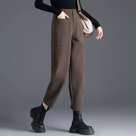 咖啡色毛呢裤女秋冬天裤子加厚羊毛裤萝卜哈伦裤小个子九分休闲裤商品大图