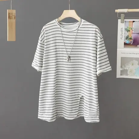 夏季新款小众条纹短袖t恤女圆领套头宽松显瘦打底体恤衫女装上衣商品大图