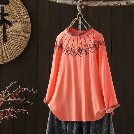 枫谜2023春季新款文艺复古民族风宽松刺绣上衣九分袖T恤商品大图