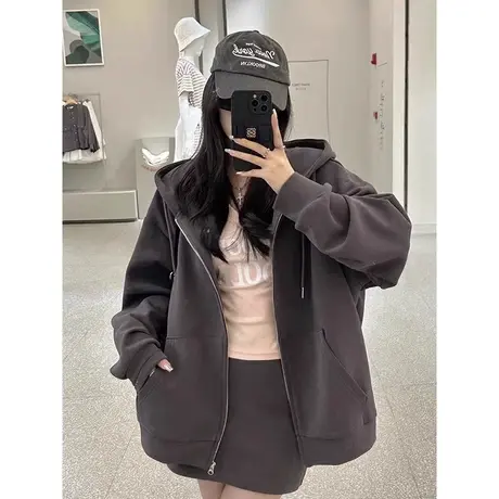 oversize卫衣女春秋季宽松设计感小众薄款慵懒风连帽开衫拉链外套商品大图