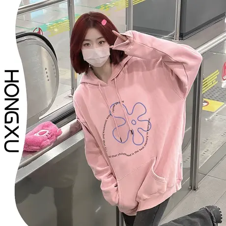 红续2023年新款秋冬季粉色连帽卫衣女小众设计感印花上衣加厚加绒图片