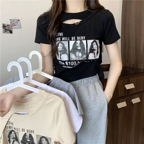 ins超火设计感小众短袖t恤女chic港味甜辣妹不规则短款半袖上衣潮商品大图