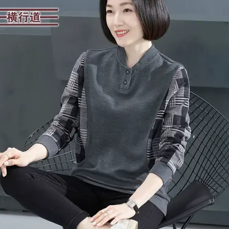 韩版撞色立领拼格子宽松胖MM妈妈中年长袖2025春装新款休闲上衣女商品大图