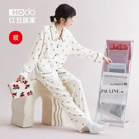 红豆居家暖暖绒秋冬睡衣女海岛绒防静电可外穿樱桃家居服套装商品大图