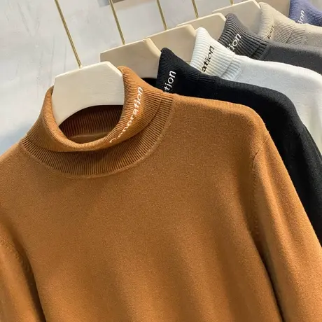 高领毛衣男冬季加绒加厚刺绣潮流内搭男士保暖上衣针织衫秋冬新款商品大图