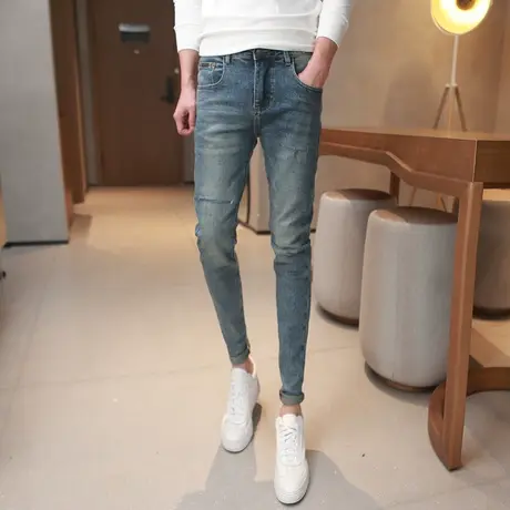 2023秋冬新款修身刀割破洞牛仔裤显瘦小脚铅笔裤男韩版微弹长裤子商品大图