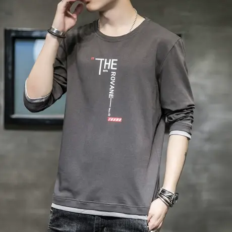 春天2024新款男士高端纯棉假两件圆领T恤春秋款男装长袖上衣春季商品大图