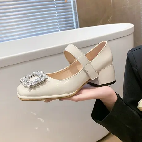 玛丽珍鞋女2024新款春季水钻方扣浅口粗跟jk小皮鞋方头配裙子单鞋商品大图