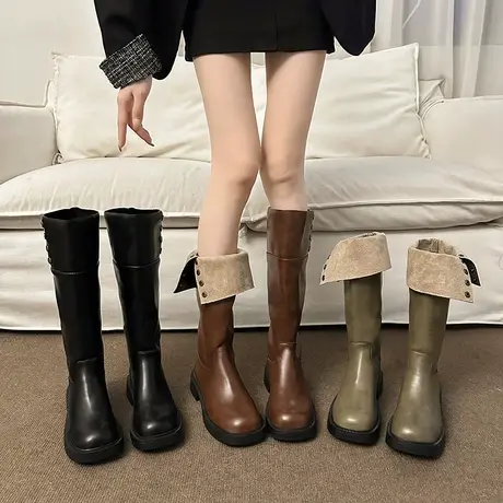 长筒靴女骑士靴2023年新款复古小众设计感两穿女靴粗跟气质高筒靴图片
